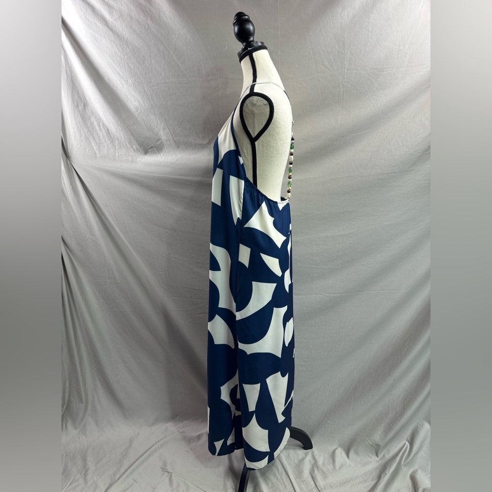 Navy Blue & White Abstract Geometric Maxi Dress | Open Back Beaded Strap - Picture 12 of 12